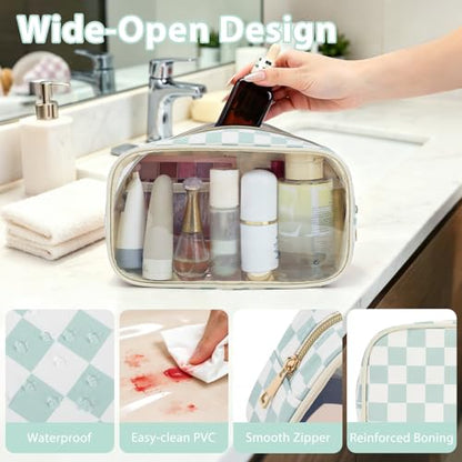 Fammart Clear Travel Makeup Bag for Women, TSA Approved Checkered Cosmetic Bag Make Up Car Organizer Case with Zipper, Large Waterproof Pouch Purse Toiletry Bag for Skincare, Brushes Travel Essentials - color: Clear, 2PCS - Green Checkered