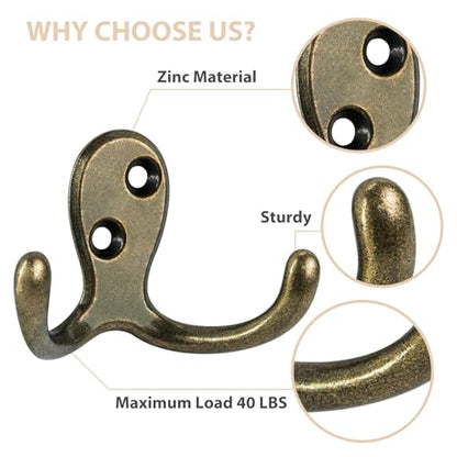 Homanu 10 Pack Coat Hooks, Heavy Duty Double Prong Coat Hooks Wall Mounted with 20 Screws, No Rust Antique Brass Metal Wall Hooks for Hanging Towel, Coat, Bag, Hat, Cup, Key - color: 10 Pcs Antique Brass