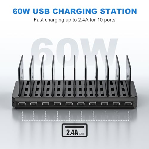 Charging Station for Multiple Devices, Cinlinso 60W 10 Port USB Fast Charging Station with Adjustable Dividers, Compatible with iPhone, iPad, Tablets and Cell Phone (Black)