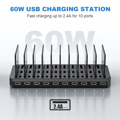 Charging Station for Multiple Devices, Cinlinso 60W 10 Port USB Fast Charging Station with Adjustable Dividers, Compatible with iPhone, iPad, Tablets and Cell Phone (Black)