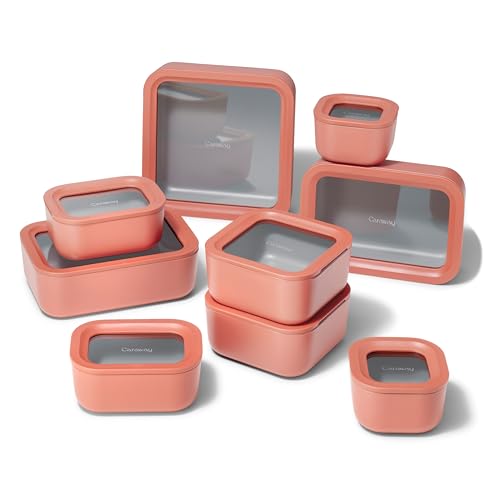 Caraway 22pc Glass Food Storage Set - Storage Containers for Food - Non-Toxic Ceramic-Coated Glass - Air Release Technology - Compact & Stackable Design - Perracotta - color: Perracotta, size: Food Storage Set (22x)