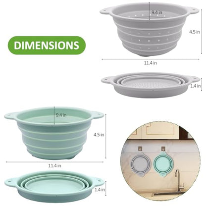 Collapsible Silicone Colander Bowl Set,BPA Free, Heat Resistant, Stainless Steel Nesting, Portable Washing Basket Strainer Drain Basin for Camping, Hiking, Kitchen, Dishwasher Safe (Grey+Green) - color: Gray+Green