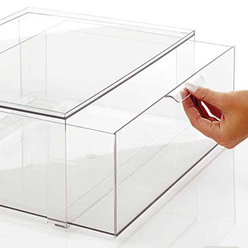 mDesign Plastic Stackable Bathroom Storage Organizer Bin Containers with Front Pull Drawer for Bathroom Countertop, Vanity, Closet Shelves - Holder for Accessories - Lumiere Collection, 2 Pack, Clear - size: 16 x 12 x 6 (Pack of 2)