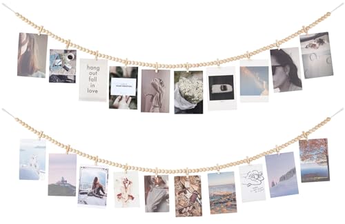 Mkono Hanging Photo Display with Clips, Boho Wooden Bead Garland Banner, Collage Card Picture Kids Art Holder String with 10 Clips for Christmas Bedroom Dorm Decor, Teen Girl Gifts, Brown, 2 Pack - color: Brown