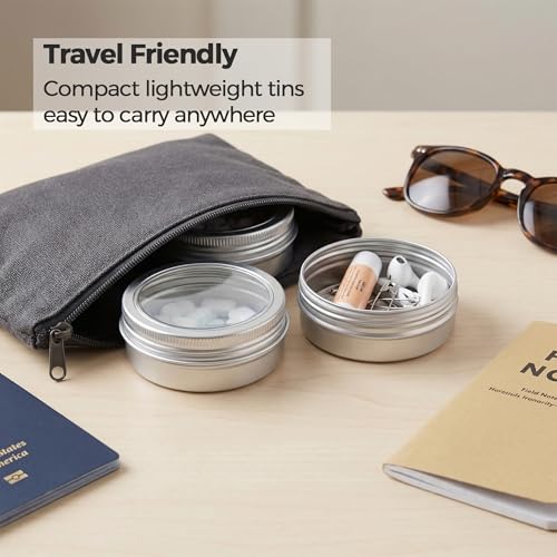 2 oz (60ml) Silver Aluminum Tins with Clear Lids and Labels, 24 Pack | Clear View Lid, Secure Packaging, Tight Screw Lids, Includes Blank Labels, 11 Color Options - color: Silver