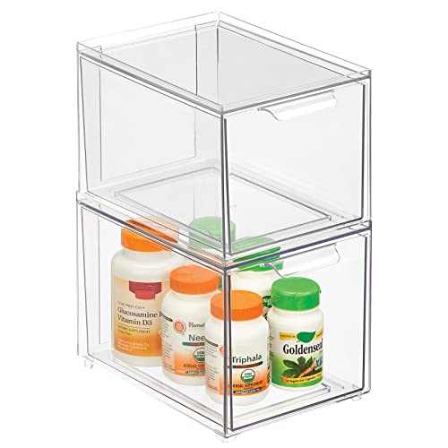 mDesign Plastic Bathroom Organizer Bin w/Pull Out Drawer - Slim Stackable Storage Container for Bathroom Accessories - Perfect for Organizing Bathroom Cabinet - Lumiere Collection - 2 Pack - Clear - size: ‎8x 6 x 4 (Pack of 2)