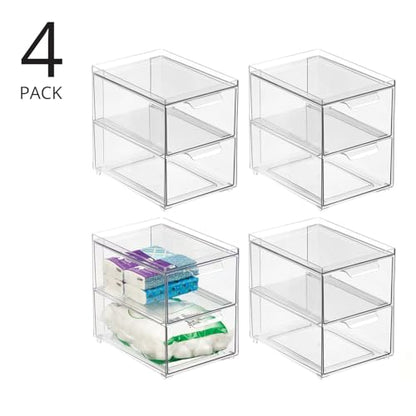 mDesign Stackable Storage Containers Box with 2 Pull-Out Drawers - Stacking Plastic Drawer Bins for Master or Guest Bathroom, Linen Closet, Vanity, Makeup Table Lumiere Collection 4 Pack, Clear - size: 8 x 6 x 7(Pack of 4)
