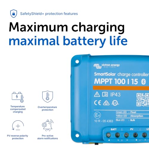 Victron Energy SmartSolar MPPT Solar Charge Controller (Bluetooth) - Charge Controllers for Solar Panels - 100V, 15 amp, 12/24-Volt - style: 100V, 15A