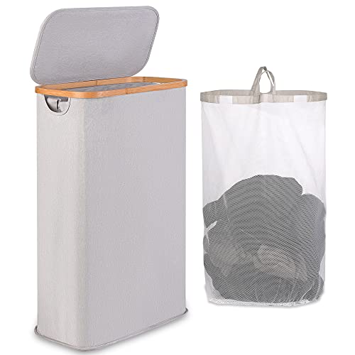 65L Slim Laundry Hamper, Narrow Laundry Basket with Lid,Foldable Clothes Hamper with Bamboo Handles,Hamper Basket with Removable Inner Bag for Laundry Room Bedroom College Dorm,17.17 Gals（Light Grey） - color: Light Grey, size: 65L without Wheels