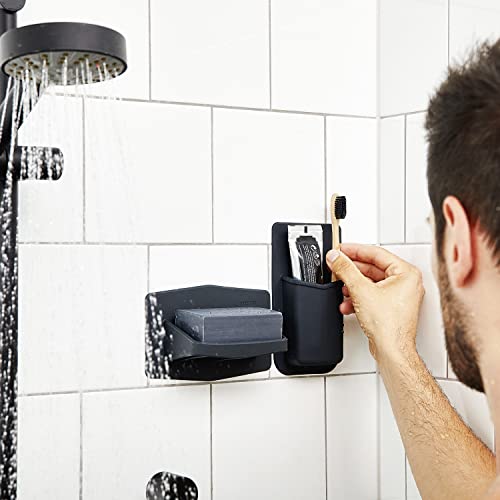 TOOLETRIES The Henry Essentials Holder, Silicone Bathroom & Shower Organizer for Toothbrush, Toothpaste, Razor & Toiletries, Reusable Strong Grip No-Residue Adhesive Holder - Charcoal