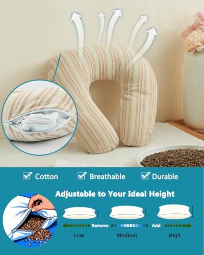 Buckwheat U Shaped Neck Pillow - 12''x12'' Adjustable Cervical Support Pillow with Breathable Buckwheat Hulls, Removable Cotton Cover, Ideal for Airplane, Office or Home Use (Khaki) - color: Stripe-khaki