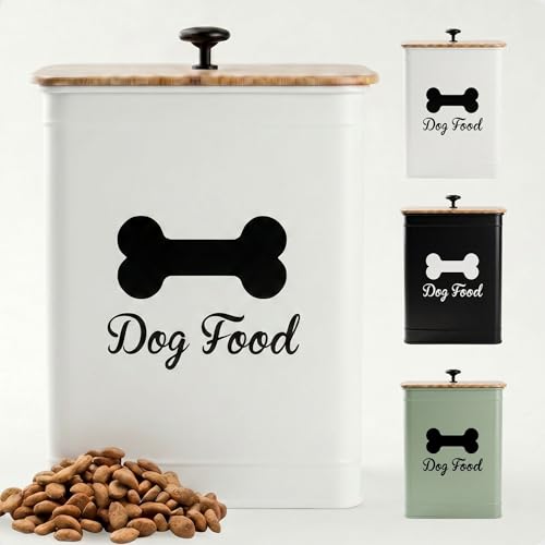 Dog Food Container Airtight 5-7 lb (25 Cup) Capacity - Cute Airtight Dog Food Storage Container with Bamboo Lid & Sturdy Metal Handle - White Metal Kibble Storage Bin for Dogs up to 50 lbs - Pet Jar - color: White
