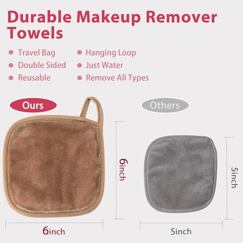 Natwag Makeup Remover Cloth, 6" x 6" Make Up Towels Reusable Face Cloth for Washing Face, Makeup Remover Pads Microfiber Face Washcloth with Mesh Bag, Just Water, 12 Pack, Light Brown - color: Light Brown