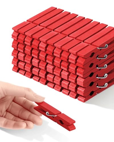 Clothes Pins, Red Colored Wooden Clothespins for Arts and Crafts, Wreath, Strong Grip Close Pins Birchwood Clips Clothespin Clothing Pegs for Hanging Baby Clothing Photos, 2.83 Inch, Pack of 50 - color: Red