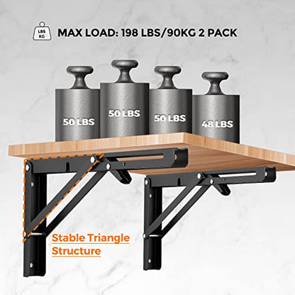 Ravinte 2 Pack 14 Inch Folding Shelf Brackets – Matte Black, Heavy Duty Collapsible Brackets for Tables and Benches – Space-Saving Design - size: 14 Inch