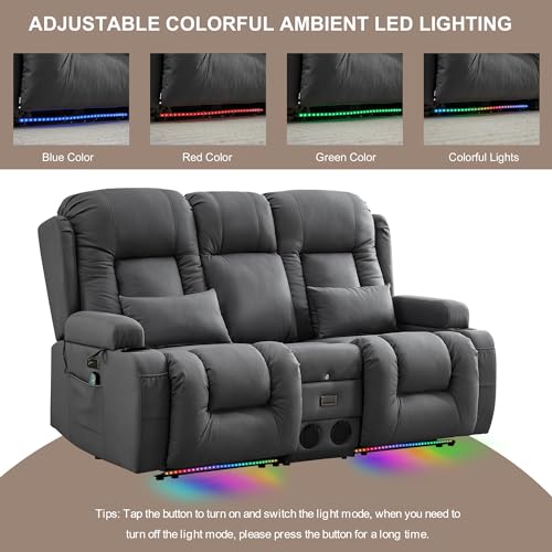TUNYI Power Loveseat Recliner Sofa with Massage & Heat Home Theater Seating with Console RV Recliner Loveseat Sofa with USB/Storage/Side Pocket/LED Light/Speaker (Dark Grey, Loveseat) - color: Dark Grey, size: 2 Seat