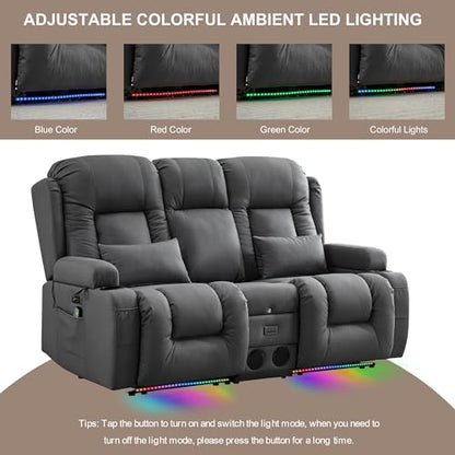 TUNYI Power Loveseat Recliner Sofa with Massage & Heat Home Theater Seating with Console RV Recliner Loveseat Sofa with USB/Storage/Side Pocket/LED Light/Speaker (Dark Grey, Loveseat) - color: Dark Grey, size: 2 Seat