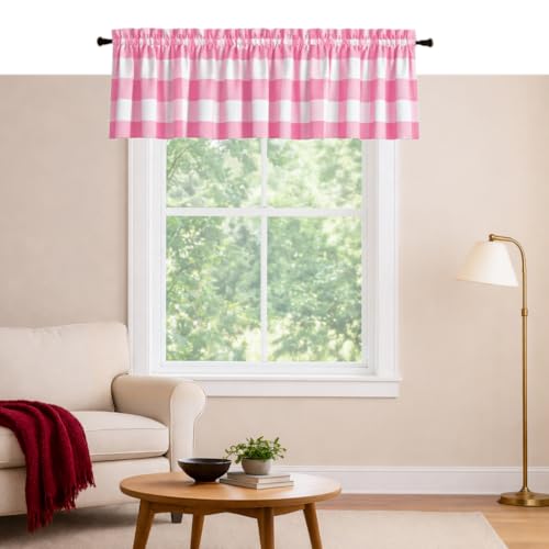 Buffalo Check Rod Pocket Window Valance Curtains 2 Pack, 54x18 Inch Farmhouse Panels for Kitchen, Dining, Living Room, Bathroom, Country Style Home Décor, Rose Pink and White - color: Rose Pink, Buffalo, size: 18"W x 54"L (Pack of 2)