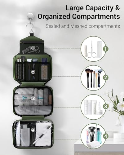 Maliton Toiletry Bag for Men & Women Travel Toiletry Bag Hanging Toiletry Bag Hygiene Organizer with 4 Compartments Waterproof Bathroom Shower Bag Large Toiletries Travel Bag (Olive Green) - color: Olive Green