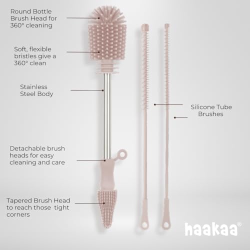 Haakaa Silicone Cleaning Brush Kit – Household Cleaning Brushes for Bottles and Crevices – Food-Grade Silicone: Dishwasher Safe (Brush-Grey) - color: Brush-grey