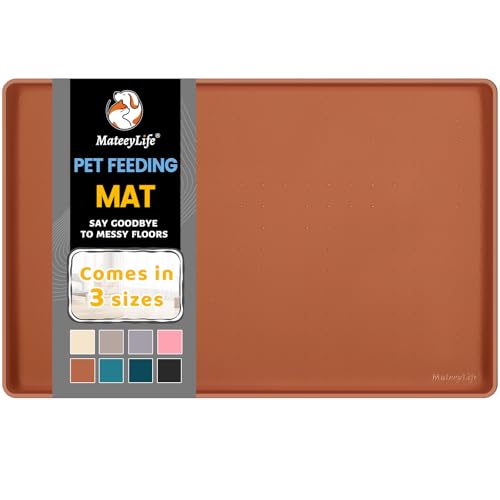 MateeyLife Silicone Cat & Dog Food Mat for Floors Waterproof, Anti-Slip Dog Bowl Mats for Food and Water, Pet Feeding Mats with Lip to Prevent Spills, Pet Placemat for Messy Drinkers to Protect Floors - color: Brown, size: 22''×14''