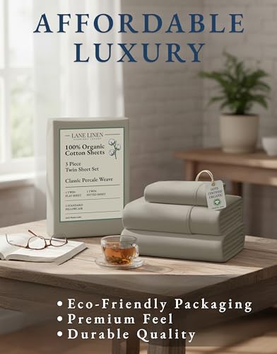 LANE LINEN 100% Organic Cotton Sheets Twin Size, Soft & Comfy Mercerized Fully Elasticized Naturally Temperature Regulating Sustainably Produced Luxury Hotel Quality Cotton Twin Sheet Set- Silver - color: 06: Silver, size: Twin