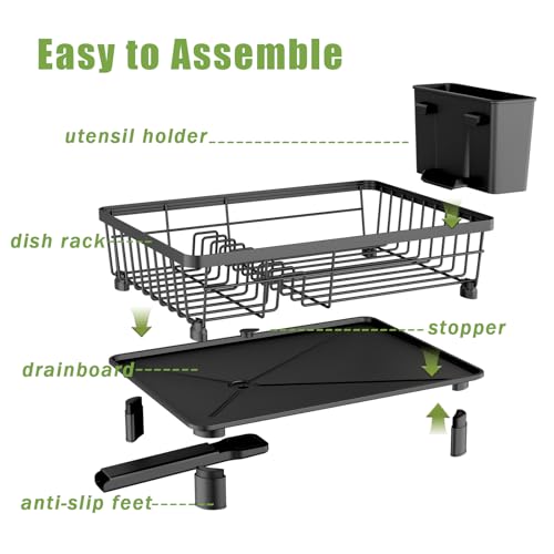 Dish Drainer Rack with Drip Tray, Sink Dish Drainer with Drainage Spout, Stainless Steel Dish Drying Rack with Cups, Utensil & Cutting Board Holders for Kitchen Counter Space-Saving, Black - color: Black