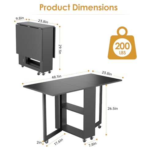 LotFun Folding Dining Table with 6 Wheels, 2-Layer Storage Shelf & Drawer, Space Saving Farmhouse Kitchen Table for Small Spaces - color: Grayish Black