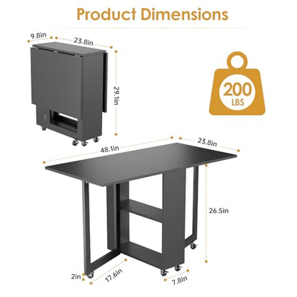 LotFun Folding Dining Table with 6 Wheels, 2-Layer Storage Shelf & Drawer, Space Saving Farmhouse Kitchen Table for Small Spaces - color: Grayish Black