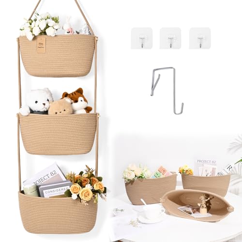 Hanging Basket, 3-Tier Woven Wall Basket with 4 Hooks, Cotton Rope Storage Baskets, Over the Door Organizer for Nursery, Bedroom, Cottage and Boho Wall Decor - color: Jute, size: Premium