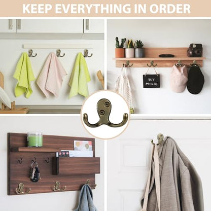 Homanu 10 Pack Coat Hooks, Heavy Duty Double Prong Coat Hooks Wall Mounted with 20 Screws, No Rust Antique Brass Metal Wall Hooks for Hanging Towel, Coat, Bag, Hat, Cup, Key - color: 10 Pcs Antique Brass