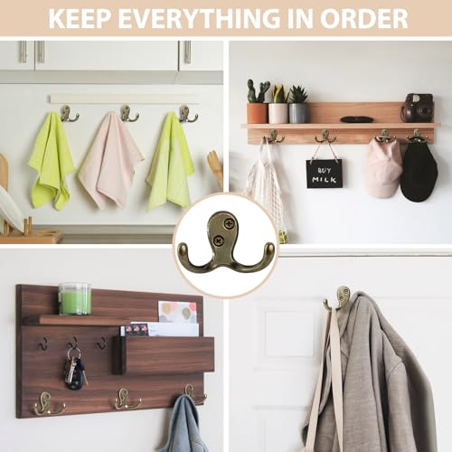 Homanu 14 Pack Coat Hooks, Heavy Duty Double Prong Coat Hooks Wall Mounted with 28 Screws, No Rust Antique Brass Metal Wall Hooks for Hanging Towel, Coat, Bag, Hat, Cup, Key - color: 14 Pcs Antique Brass