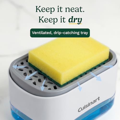 Cuisinart 2-in-1 Dish Soap Dispenser with Sponge Holder and Sponge for Kitchen Sink – Soap Pump Organizer Set with Tray, Countertop Caddy for Dishes, Dishwashing Liquid Dispenser, Sink Essentials - color: Gray/White