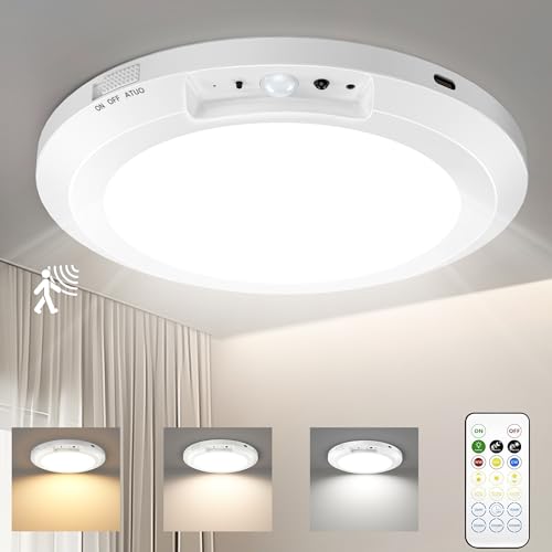 Yunaking Rechargeable Ceiling Light with Motion Sensor: Battery Operated LED Closet Light with Remote & Timing - Wireless Dimmable Magnetic Mount Shower Lamp for Bathroom/Stairs/Garage/Hallway - color: White