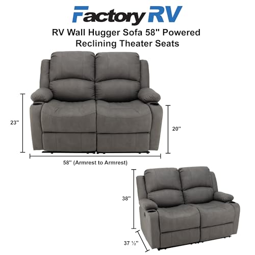 Camper Comfort 58" Wall Hugger Reclining Theater Seats | Double Recliner Sofa | RV Couch | Theater Seating | Furniture (Powered, Slate) - color: Slate, style: Powered