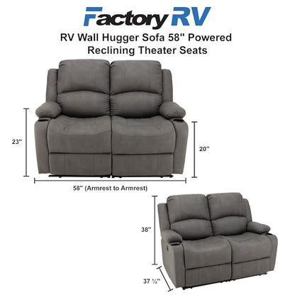 Camper Comfort 58" Wall Hugger Reclining Theater Seats | Double Recliner Sofa | RV Couch | Theater Seating | Furniture (Powered, Slate) - color: Slate, style: Powered