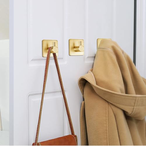 Fotosnow Gold Adhesive Hooks 15LB (Max), Non Tarnish Sticky Hooks for Hanging Towels, Coat, Backpack, Purse, Hat, Key, Self-Adhesive Towel Holder for Shower Closet Bathroom-4 Packs - color: Gold