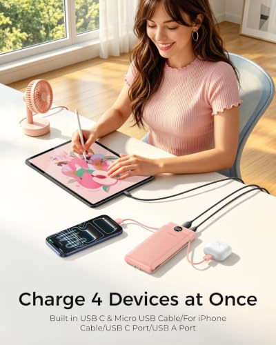 VEGER Portable Charger with Built-in AC Plug and Cables, All in One 10000mAh Ultra Slim Power Bank Travel Essentials, USB C External Battery Pack Compatible with iPhone, Samsung, More, Dark Pink - color: F Dark Pink