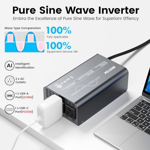 BESTEK 400W Pure Sine Wave Power Inverter - DC 12V to 110V AC Converter, Fast Car Charger Adapter with 30W USB-C/18W Quick Charge/Dual 110V AC Outlet, Car Plug Adapter Outlet for Laptop