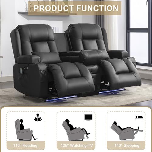 URRED Power Loveseat Recliner Sofa with Massage and Heat, Wall Hugger Reclining Loveseat with Console, RV Couch Home Theater Seating with LED Lights for Living Room (Black, 67" - 2 Seats) - color: Black, size: 67" - 2 Seats