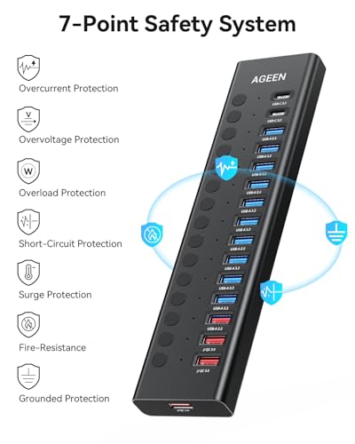 AGEEN 16-Port Powered USB 3.2 Hub-10Gbps SuperSpeed Data Splitter with 2 USB-C & 11 USB-A Ports, 3 x 24W QC 3.0 Fast Charging Ports, Individual On/Off Switches, 96W Power Adapter for Laptop, PC - size: 16-Port (10Gbps)