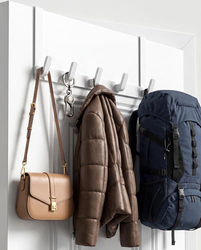 KitchLife Over The Door Hooks - Heavy Duty 5-Hook Organizer, 80lb Total Capacity for Robes, Coats & Towels, Fits 1 3/4" Doors, L18U, Gap-Free & Scratch-Free Design, Glossy White,1-Pack - color: Glossy White, size: Fits 1-3/4" Doors with 7" Arms-1 Pack