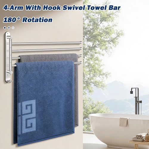 NearMoon Swivel Towel Rack, 19.5" Thicken 304 Stainless Steel 4-Arm Towel Bar, Space Saving Wall Mounted Towel Holder with Hook, Rustproof Swing Out Towel Hanger for Bathroom, Kitchen (Chrome Finish) - color: Chrome Finish, size: 19.5 Inch