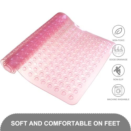 TEESHLY Bath Mat for Tub & Shower, Non Slip Soft Bathmat with Suction Cups & Drain Holes, Machine Washable Bathtub Floor Liner Mats for Bathroom, 35x16 Inch, Clear Pink - color: Pink (Translucent)