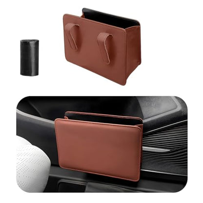 Yourkar Car Trash Can, Foldable Waterproof Leather Car Garbage Organizer Holder, Automotive Mini Dustbin Container with One Roll Trash Bag, Universal Interior Car Accessories (Brown) - color: Brown, S