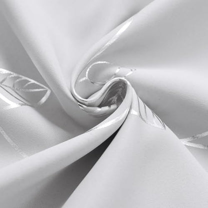 BUHUA Room Darkening Curtains 63 Inch Length, Window Treatments for Living Room Grommet Curtains with Silver Leaf Foil Design (52 x 63 Inch,Greyish White,Set of 2) - color: Silver Leaf /Greyish White, size: 52"W x 63"L (Pack of 2)