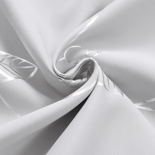 BUHUA White Black Out Curtains 108 Inch Long 2 Panels, Soundproof Curtains with Elegant Silver Leaf Print, Heat Blocking Curtains for Livingroom, 52W x 108L, Greyish White - color: Silver Leaf /Greyish White, size: 52"W x 108"L (Pack of 2)