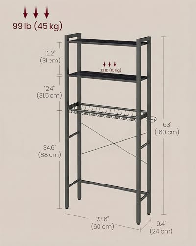 VASAGLE BARNET Collection - Over the Toilet Storage, Over Toilet Bathroom Organizer with Adjustable Shelves and Basket, 3 Hooks, Space Saving, 9.4 x 23.6 x 63 Inches, Ebony Black UBTS113BE01S - color: Ebony Black, style: 3 Tiers (63" H)