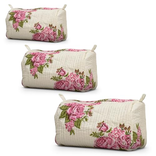 Cotton Hand Block Floral Print Toiletry Bag For Women Make Up Cosmetic Bag Jewelry Organizer Kit Storage Case Travel Accessories Essential Toiletries Purse Pouch (Cream - Set of 3, Small Medium Large) - color: Cream, size: Set of 3