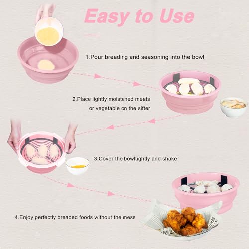 FJNATINH Collapsible Batter Bowl - Mess Free Better Breader Shaker Bowl with Lid Breading Shaker Container - Great for Fried Fish, Fried Chicken, Onion Rings, Wings & More,No Leak,Easy to Store,Pink - color: Pink